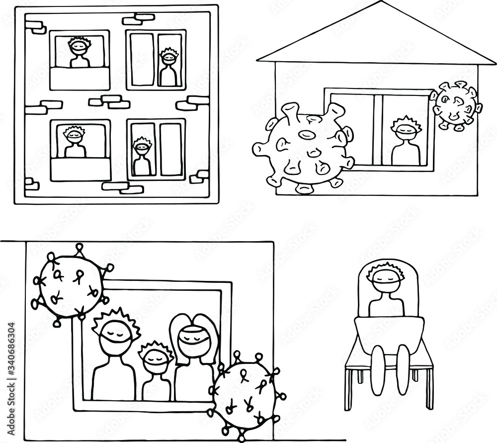 Forced quarantine, self-isolation. Doodle vector illustration. Coronavirus quarantine preventive measures. Stay home.	Work in home.