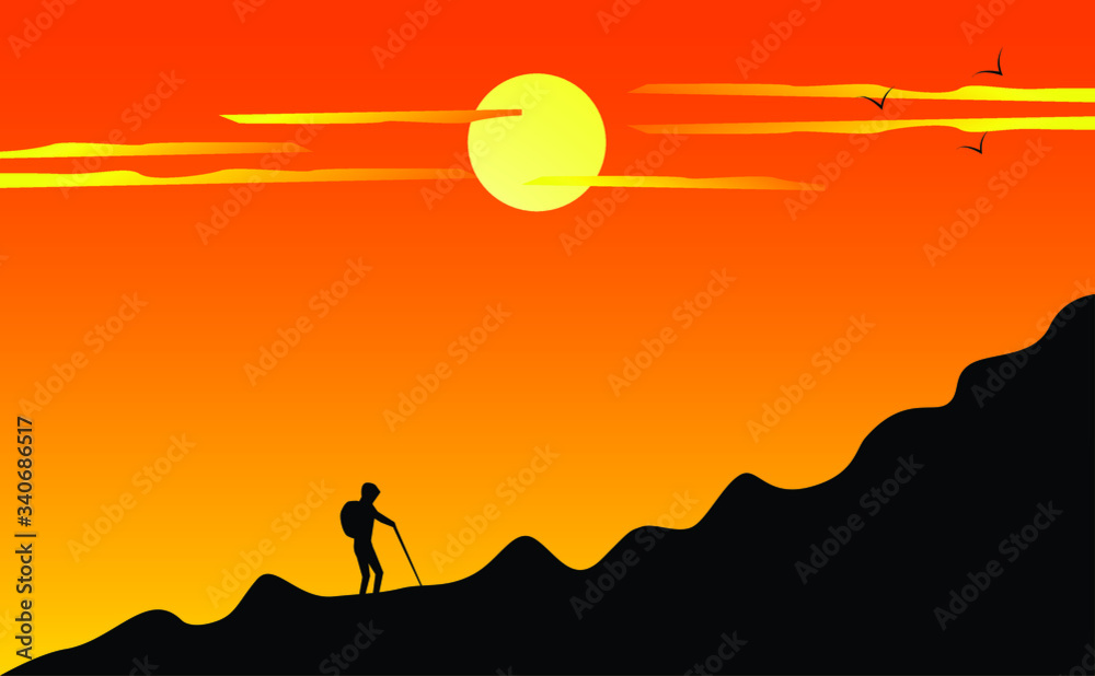 man climbing mountain, beautiful view of evening with sunset, clouds and birds, the man was climbing mountain, rock digital art drawing illustrator and vector 
