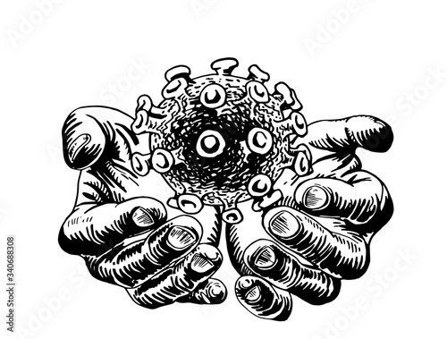 Graphical sketch of hands holding coronavirus molecule isolated on white, vector illustration, covid-19