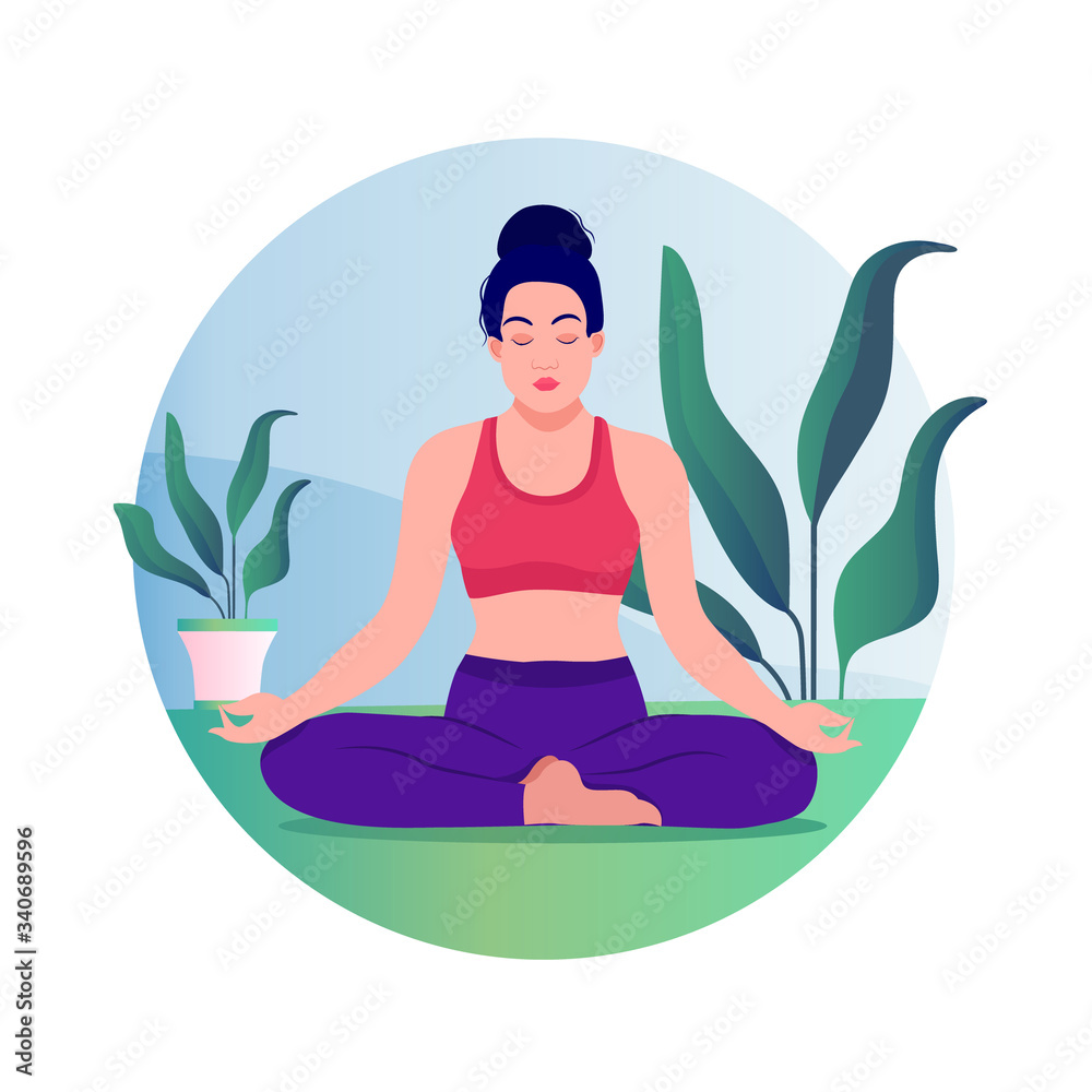 Creative poster or banner design with illustration of woman yoga lotus pose. Practicing yoga. Vector illustration. Young and happy woman meditates.