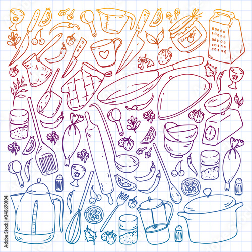 Cooking class. Kitchenware, utencils. Food and kitchen icons.