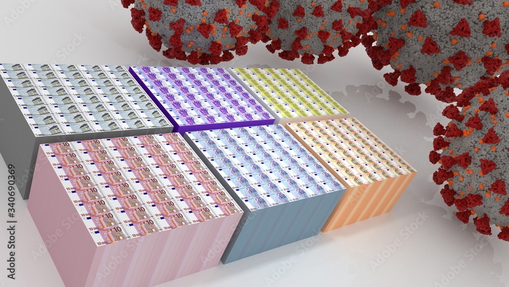 Fototapeta premium Coronavirus Covid-19 Virus and Money stack 3d illustration