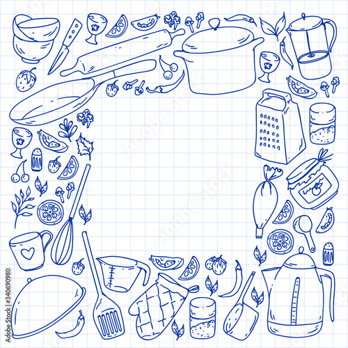 Cooking class, menu. Kitchenware, utencils Food and kitchen icons