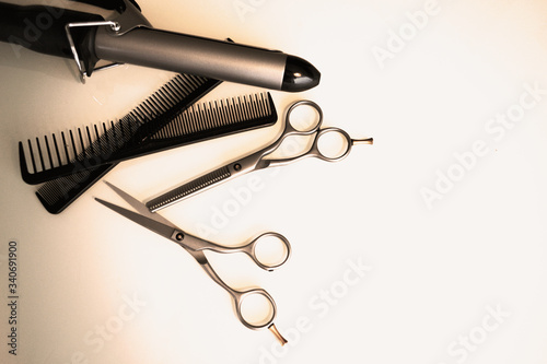 Tools for the work of a hairdresser and stylist in a beauty salon. High quality photo for banner design, website.