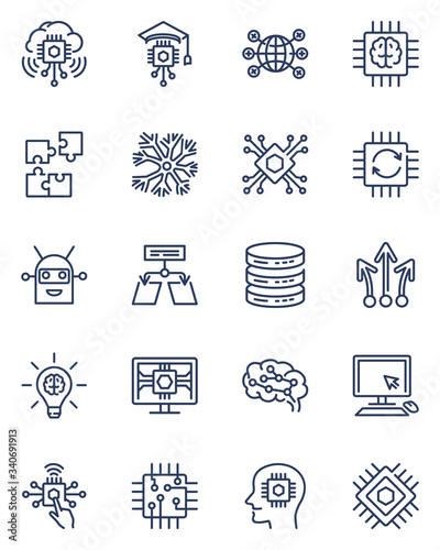 Digital machines line icons set. Brain, neuron circuit, ai, algorithm processor, robot. Thin icons can be used for artificial intelligence, machine learning, computer science, automation concept