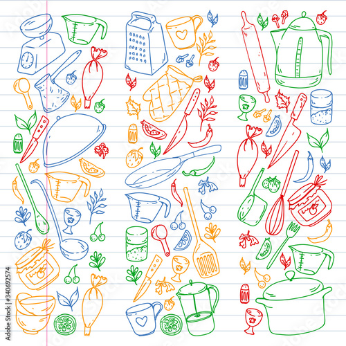 Cooking class. Kitchenware, utencils. Food and kitchen icons.