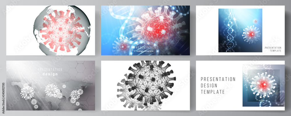 Vector layout of the presentation slides design business templates, multipurpose template for presentation report. 3d medical background of corona virus. Covid 19, coronavirus infection. Virus concept Vector layout of the presentation slides design business templates, multipurpose template for presentation report. 3d medical background of corona virus. Covid 19, coronavirus infection. Virus concept