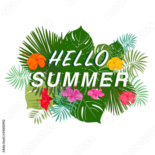 Hello Summer text. Beautiful summer time exotic circle frame with hand drawn colorful hibiscus vector illustration summer background