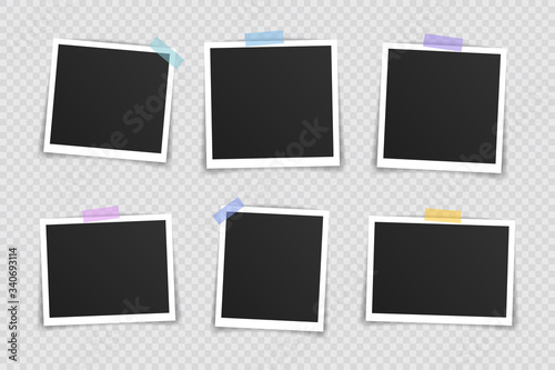 Vector Photo frame mockup design. Super set photo frame on sticky tape isolated on transparent background. Vector illustration
