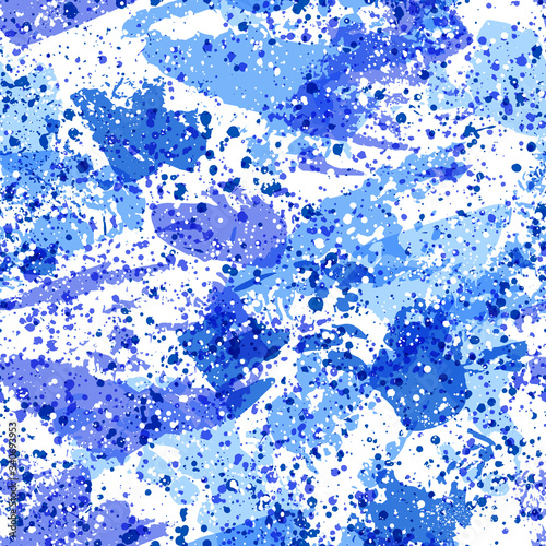 Blue paint brush strokes and spatters texture seamless pattern