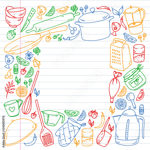 Cooking class. Kitchenware, utencils. Food and kitchen icons.