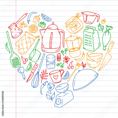 Cooking class. Kitchenware, utencils. Food and kitchen icons.