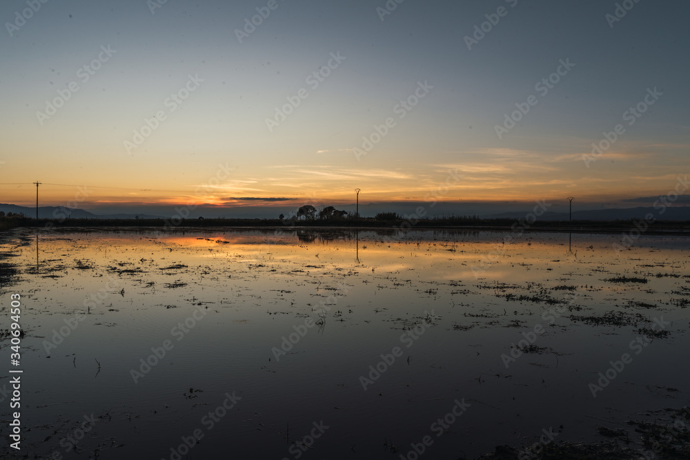 Fields flooded with water during the sunset
