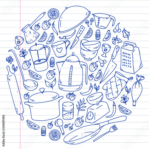 Cooking class. Kitchenware, utencils. Food and kitchen icons.