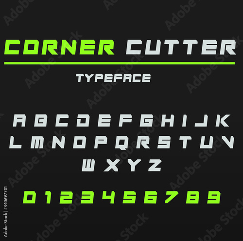 Alphabet with numbers, square font with corner cut off.  For commercial use.