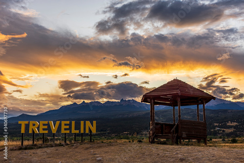 Lookout point against Andes mountains during sunset in Trevelin, Patagonia, Argentina photo
