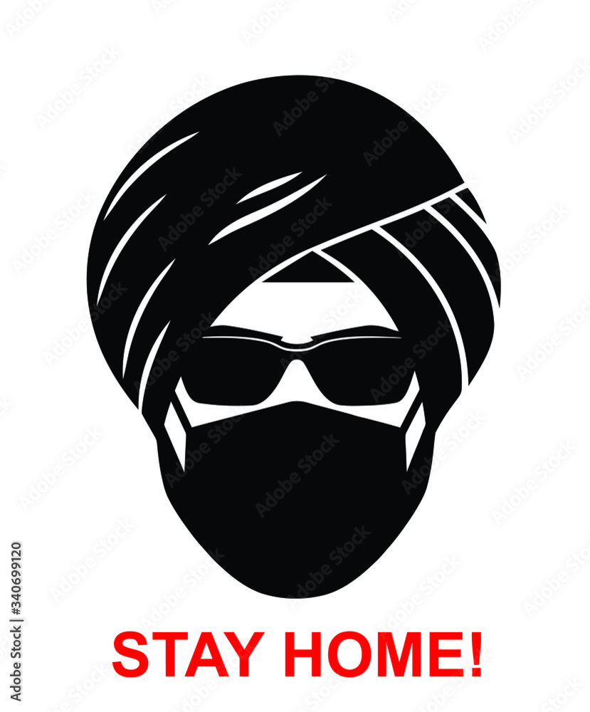 Stay Home, stop the coronavirus Covid-19. Warning against the spread of the pandemic. Isolated sign Sikh man in a medical mask on a white background, BW, vector