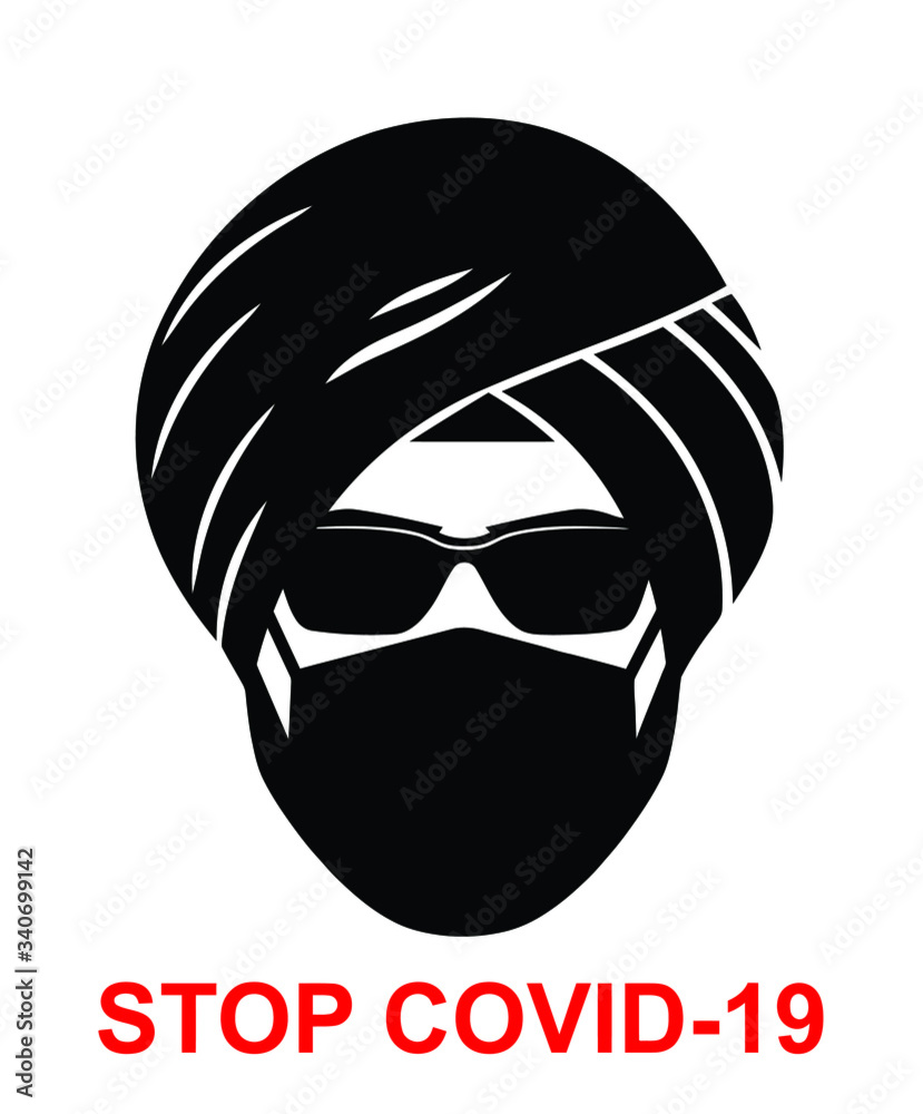 Stay Home, stop the coronavirus Covid-19. Warning against the spread of the pandemic. Isolated sign Sikh man in a medical mask on a white background, BW, vector