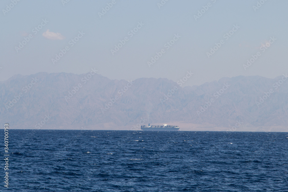 The coastline of the Red Sea and the mountains in the background. Egypt, the Sinai Peninsula.