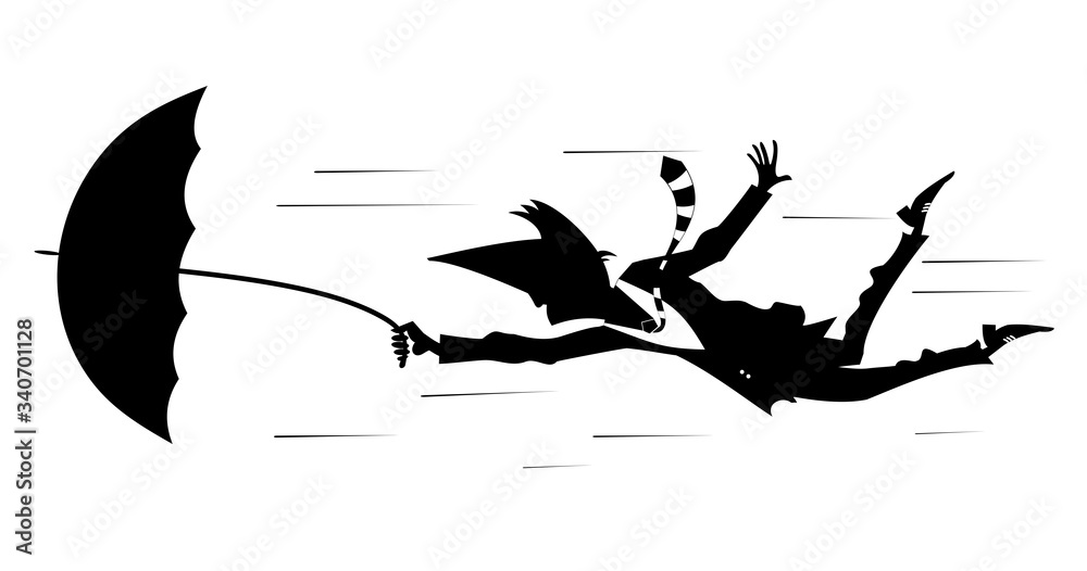 Naklejka Windy day and man flies with umbrella illustration. Man with an umbrella gone with the wind silhouette black on white