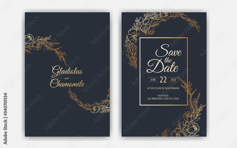 Minimalist wedding invitation card template design. Template, Frame with Delicate Flowers, Branches, Plants. Minimalist wedding invitation card template design. Template, Frame with Delicate Flowers, Branches, Plants.