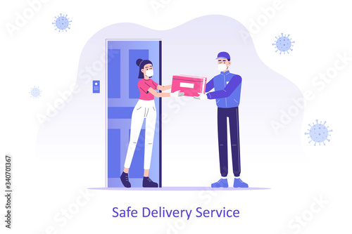 Online safe delivery service concept. Young courier man with medical mask delivering a package or box to woman during coronavirus (COVID-19) quarantine. Doorstep delivery to home. Vector illustration