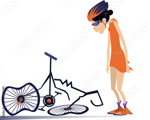 Cyclist woman and a broken bike isolated illustration. Sad woman standing near a broken bike with downcast head and hands isolated on white illustration

