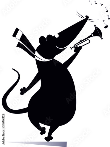 Cartoon rat or mouse a trumpeter is playing music illustration. Rat or mouse playing trumpet isolated black on white
