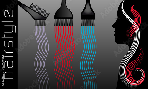 Illustration vectorielle pour un coiffeur d’une silhouette de femme et des brosses pour teindre les cheveux.