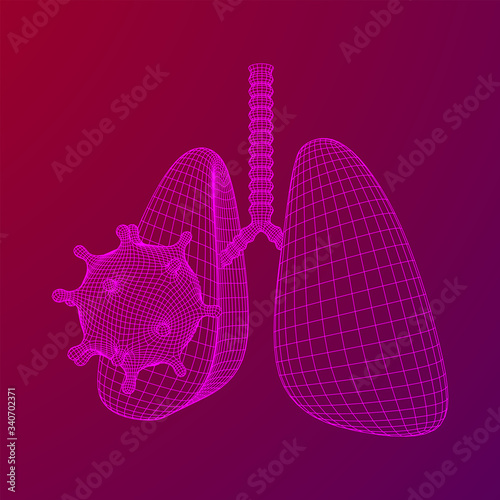 Corona Virus and Lungs with trachea bronchi internal organ human. Covid virus pulmonology medicine science concept. Wireframe low poly mesh vector illustration.
