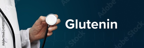 Glutenin. Arzt im Kittel hält Stethoskop. Das Wort Glutenin steht daneben. Symbol für Medizin, Krankheit, Gesundheit photo