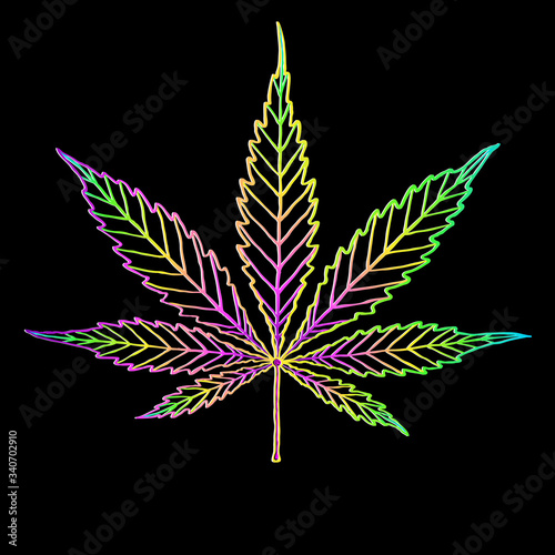Cannabis colorful leaf isolated on black. Shape or silhouette herbal nature symbol. Vector doodle cartoon hand drawing bright rainbow multicolor logo marijuana or ganja plant. Line art. 