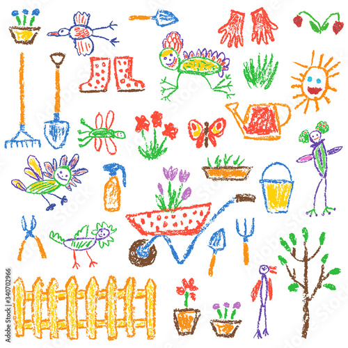 Gardening tools set. Garden or farm instruments. Like child hand drawing equipment. Crayon, pencil or pastel chalk isolated vector flower, watering can, shovel, fence, cart, rubber boots, plant, rake
