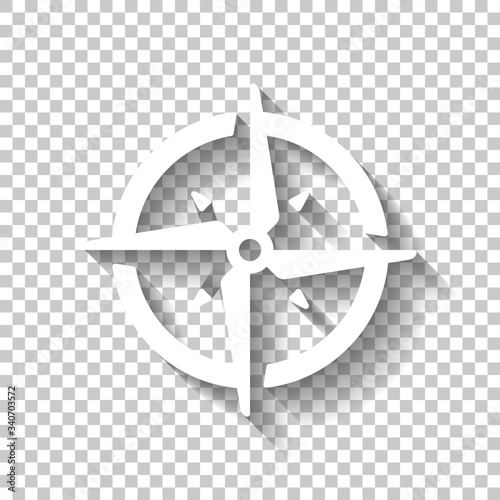 Simple compass or wind rose. White icon with shadow on transparent background
