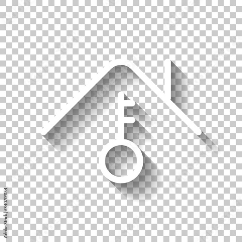 House and key, own home, outline design. White icon with shadow on transparent background