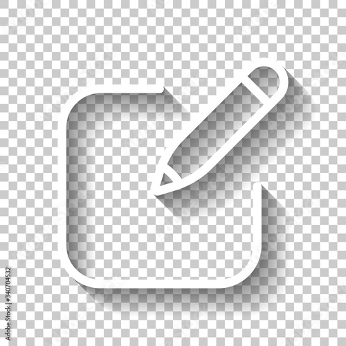 Pencil and paper, edit text, create file, new document, outline design. White icon with shadow on transparent background