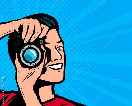 Happy man with camera. Photographer retro comic pop art vector illustration
