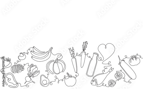 Background with Organic Food.  Pattern with vegetables, fruits, milk, meat and fish. Continuous drawing style. Vector illustration.