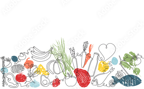 Background with Organic Food. Pattern with Vegetables, fruits, meat and seafood. Continuous drawing style. Vector illustration.