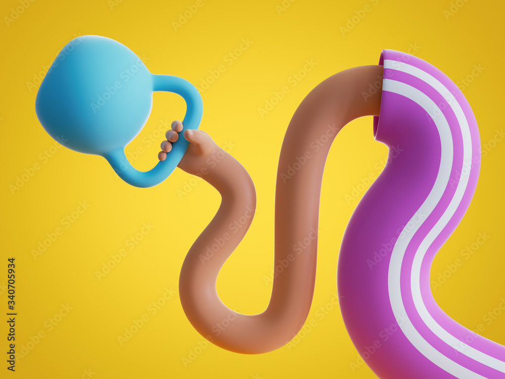 Obraz premium 3d render cartoon boneless hand holds heavy weight, isolated on yellow background. Power lifting at home. Bodybuilding exercise, extraordinary funny surrealistic clip art, unusual sport motivation