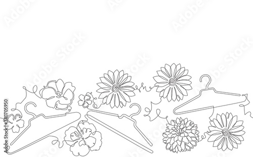 Abstract Pattern with Clothes Hangers among Flowers. Vector background.