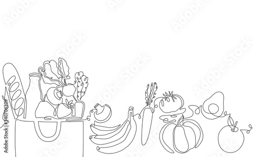 Background with Paper Grocery Bag and Fresh Food. Horizontal Pattern with Differrent Products. Vector illustration.