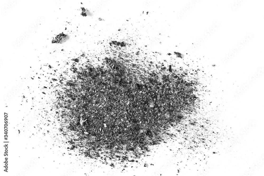Cigarette ash isolated on white background, texture top view Cigarette ash isolated on white background, texture top view