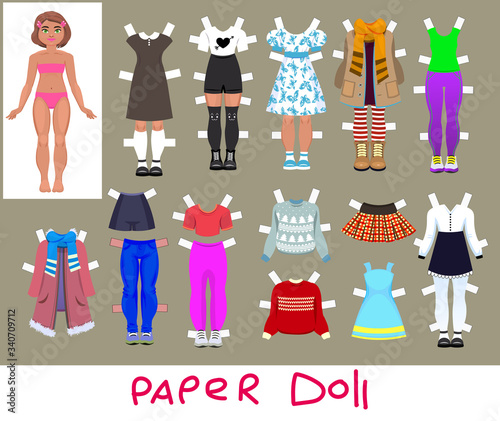 Cute girl Paper Doll with Set of Clothes and Shoes