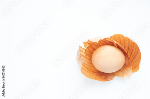 egg in onion peel on a white background, top view
