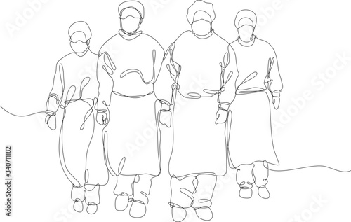 equipe medica vestita con protezione antivirus, disegno fatto con una sola linea continua photo