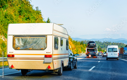 Camper rv on highway road Slovenia reflex