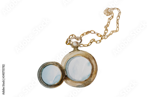 Watercolor double side opened locket. Empty antique looked medallion with place for two pictures, isolated on white background
