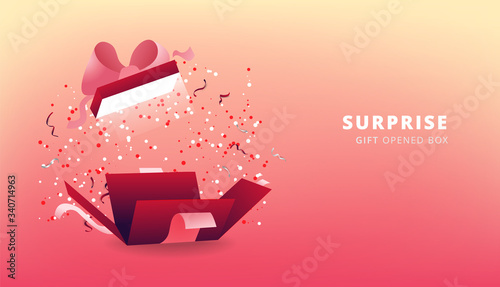 Surprise red gift box with pink ribbon and confetti. Open gift box Party, Shopping poster. Valentine's Day design.