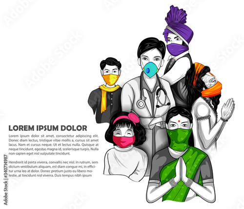 illustration of Medical background with Indian people wearing homemade mask showing prevention from deadly Novel Coronavirus 19 epidemic outbreak